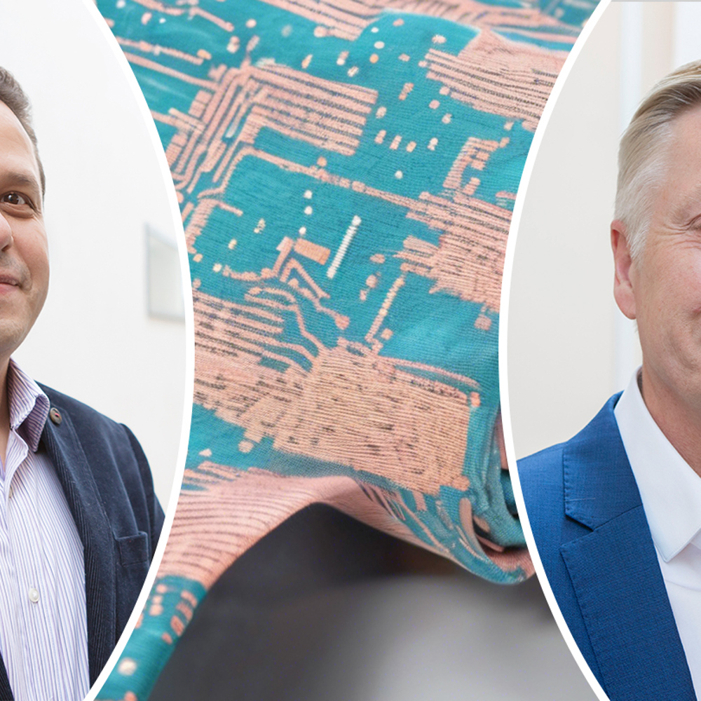 Till vänster: Nawar Kadi, professor i textilteknologi vid Högskolan i Borås. Till höger: Gustaf Juell-Skielse, professor i informatik vid Högskolan i Borås.